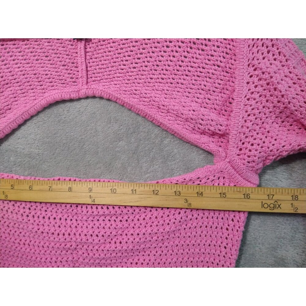 American Eagle Sweater Womens Large Pink Crop Crochet Cotton Long Sleeve Barbie - Picture 4 of 7